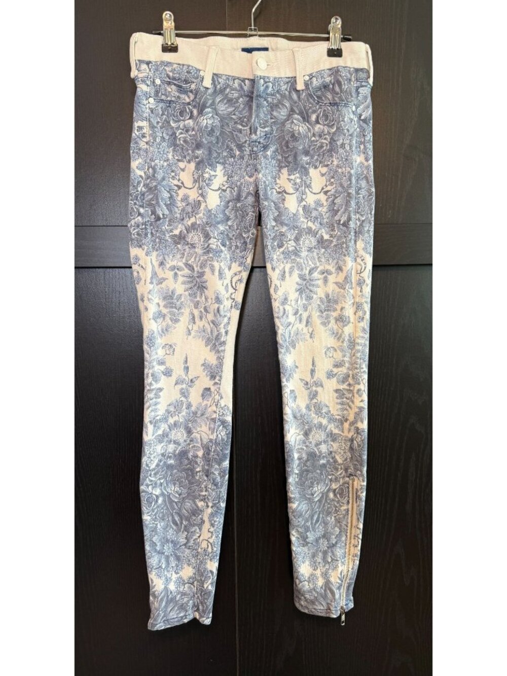 Mother The Looker Ankle Zip Blue Floral Slim Leg Jeans Size 27 Low Rise Boho